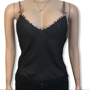 Black Cami Top Black Sheer V neck animal print trimmed bows Detailing size M
